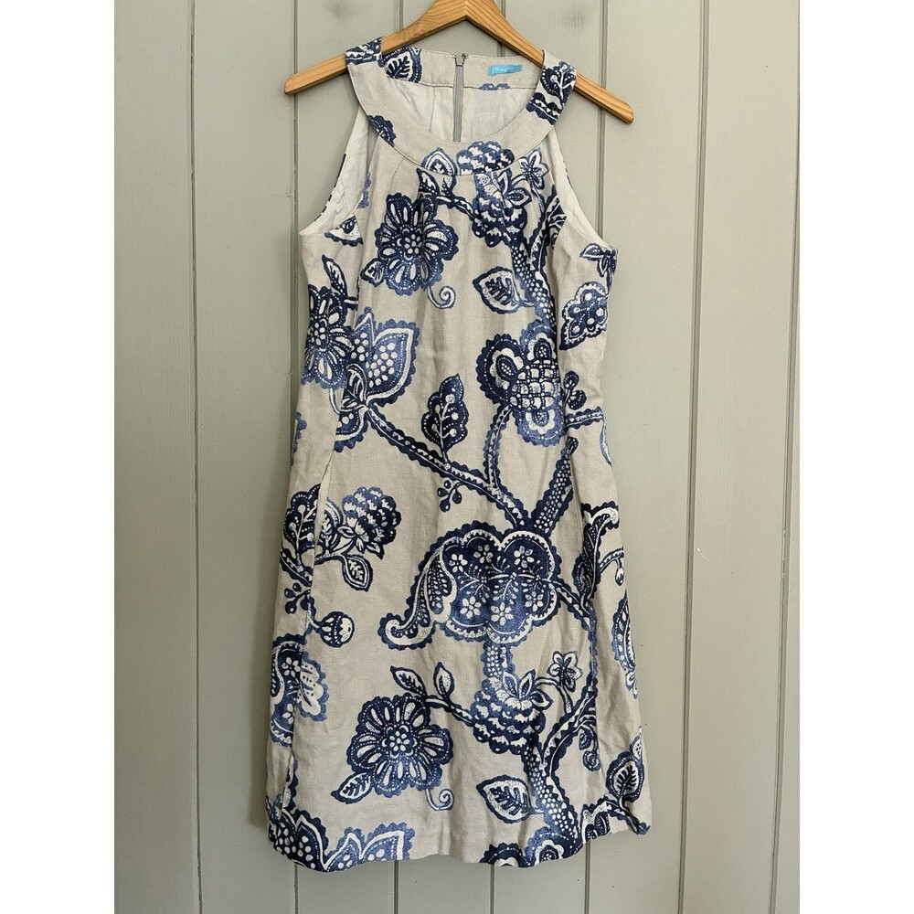 J. McLaughlin Edie Linen Dress Size 6 Indigo Clementine Paisley Sleeveless Blue